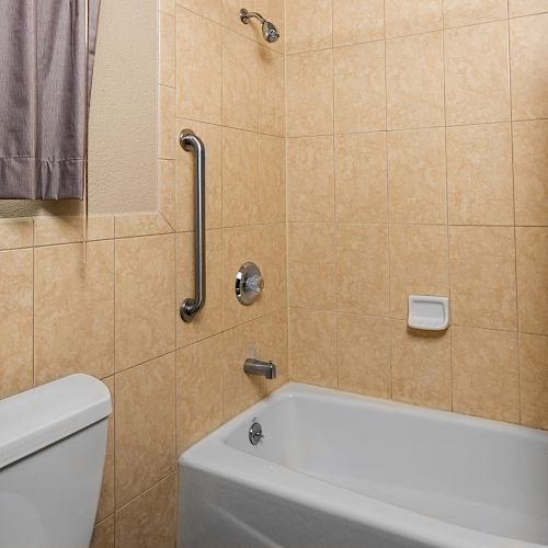 The image shows a bathroom with a toilet, a beige-tiled bathtub, a wall-mounted grab bar, a soap dish, and a shower curtain.