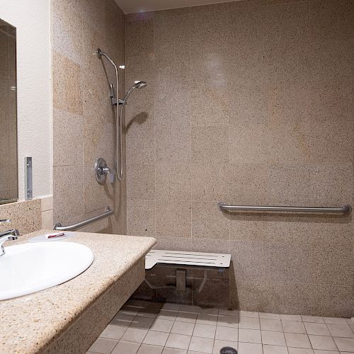 The image shows an accessible bathroom with a walk-in shower, shower seat, grab rails, sink, and wall-mounted soap dispenser and towel rack ending the sentence.