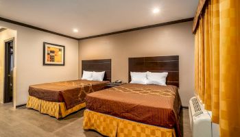 The image shows a hotel room with two double beds, a wall-mounted painting, brown bedspreads, large curtains, and a bedside table with a phone.